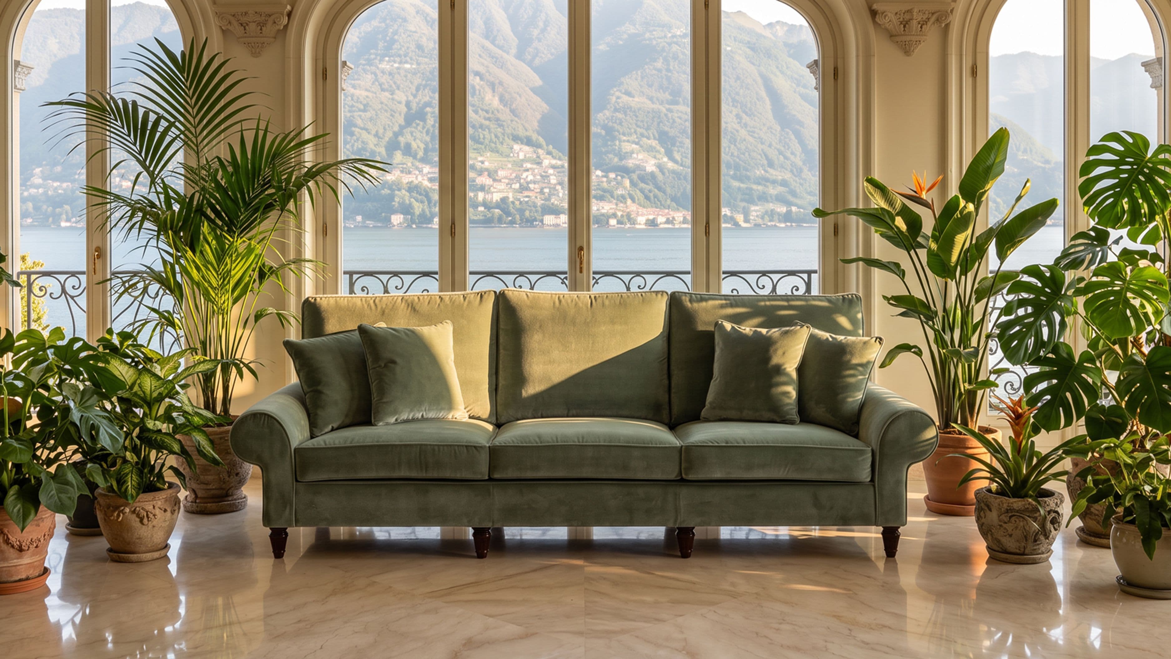 Handcrafted Italian sofa in a luxury villa overlooking Lake Como